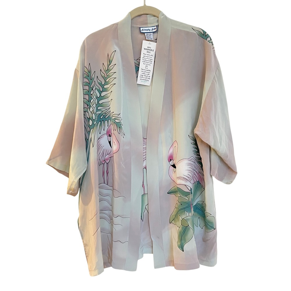 Simply Silk Flamingo Tropical Washable Silk Kimono Jacket Pastel JK005-B10‎ NWT